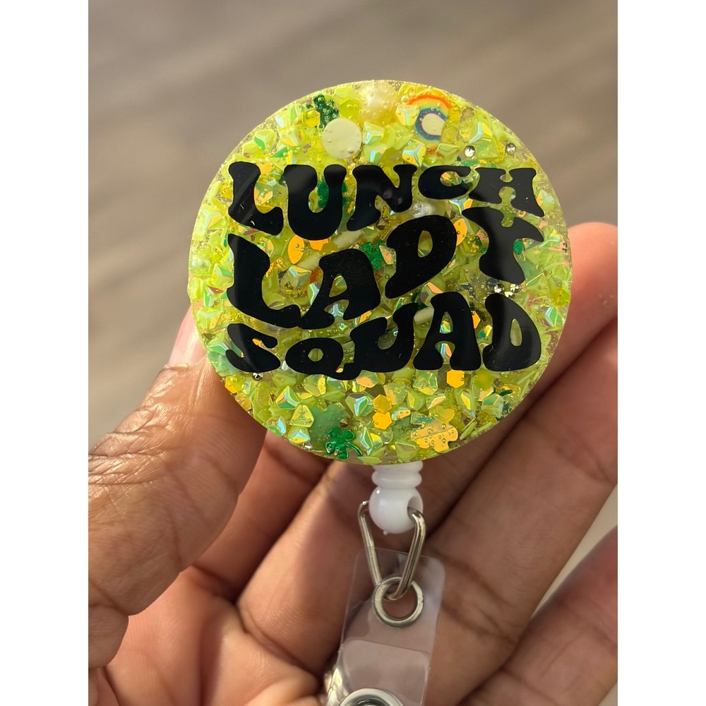 Lunch Lady Squad Retractable Badge Reel Neon Glitter ID Holder One of Kind